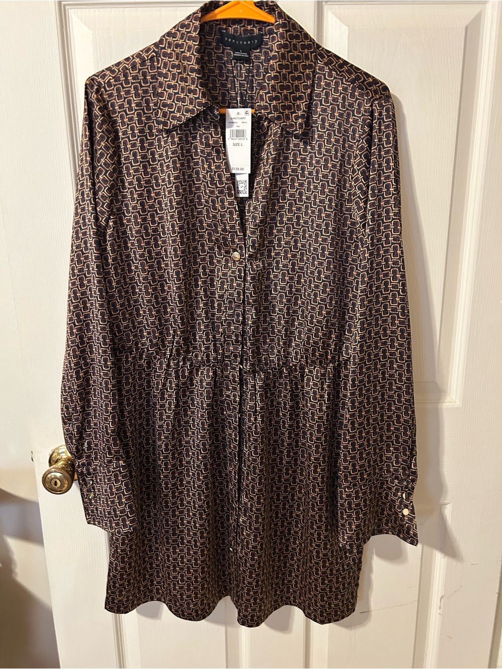 Sanctuary Brown and Cream Geometric Long-Sleeve Shirt Dress